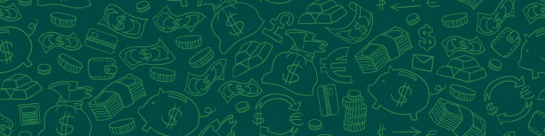 Seamless horizontal border with money doodles Seamless horizontal border with money hand drawn doodles. Financial green background. Vector illustration. british falling pounds stock illustrations