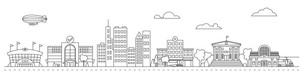 City main street line art vector illustration Line art cityscape vector illustration with public buildings, houses, stadium, mall and train station dividing line road marking stock illustrations