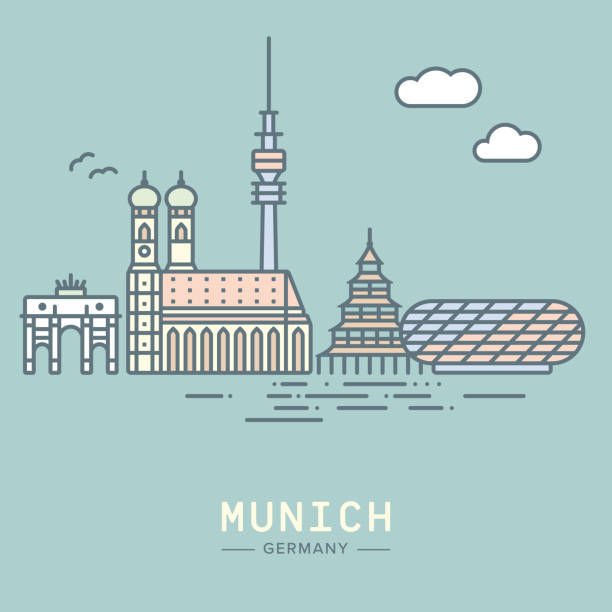 мюнхен линия икона стиль города горизонт вектор иллюстрации - englischer garten stock illustrations