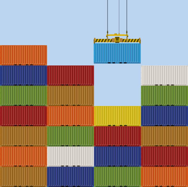 ilustrações, clipart, desenhos animados e ícones de contêiner de carga de elevação de guindaste - container stack