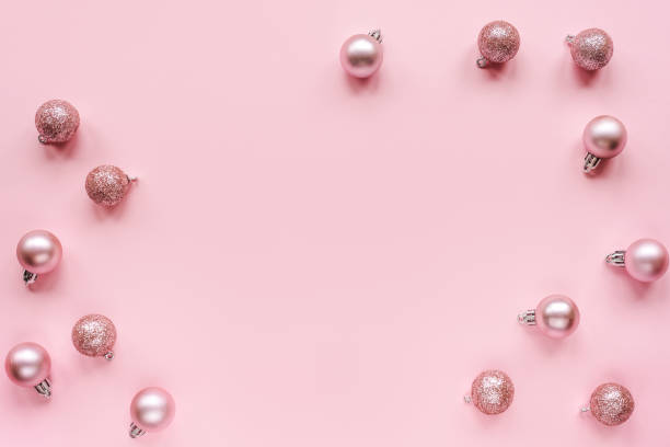 istock Christmas tree toys, flat lay. Festive New Year layout on pink background, top view, copy space 1285490792