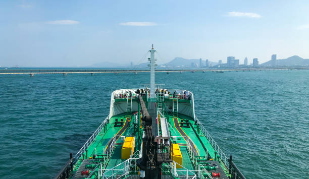 landscape, on ship deck shot of oil tanker ship fully load with safety equipment. with clear blue sky and sea at the background. industrial water transportation business with copy space for text. - oil tanker tanker oil sea imagens e fotografias de stock