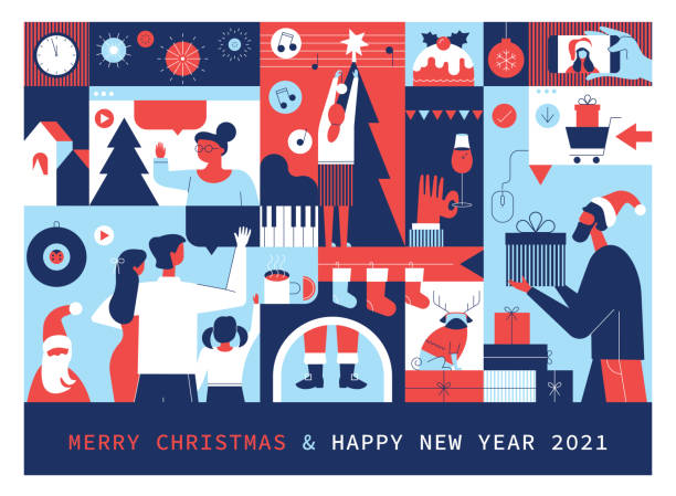Merry Christmas And Happy New Year 2021 Greetings Flat modern greeting card showing how to have a coronavirus safe and joyful holiday season. Represented themes: video call, online shopping, decorating home, staying at home, enjoying festive food and drink, giving and receiving gifts, listening Christmas songs… 2021 illustrations stock illustrations