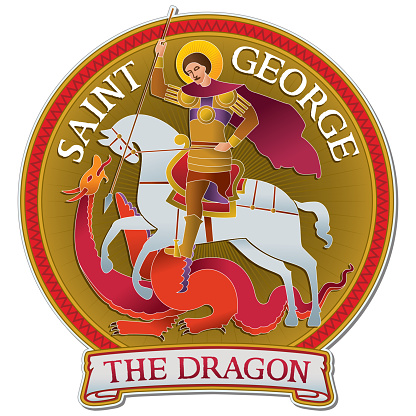 Colorful drawing of Saint George riding a horse and fighting the Dragon, with the words SAINT GEORGE and THE DRAGON. Digital illustration.