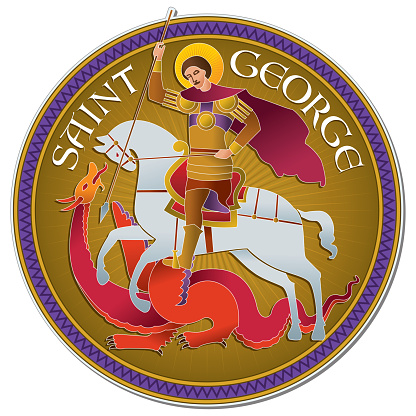 Colorful drawing of Saint George riding a horse and fighting the Dragon, in stylized way and the words SAINT GEORGE behind. Digital illustration.