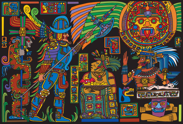 ilustraciones, imágenes clip art, dibujos animados e iconos de stock de conquistador español que se reúne con gente precolombina - dibujos de aztecas