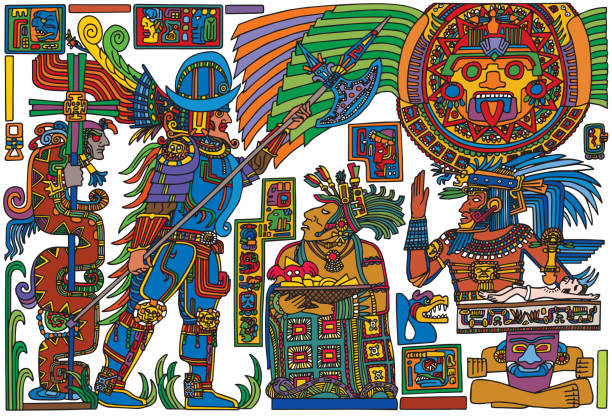 ilustraciones, imágenes clip art, dibujos animados e iconos de stock de conquistador español que se reúne con gente precolombina - guerrero azteca