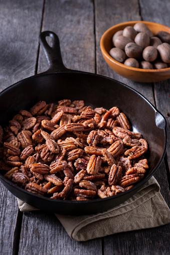Fresh Glazed Pecans in a Cast Iron Skillet