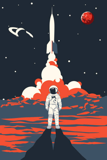 Space poster Astronaut standing against space shuttle in background, which is starting for new discoveries against dark skies with stars and planets mars stock illustrations