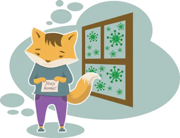 Vector illustration of Quarantine Foxy says to stay home