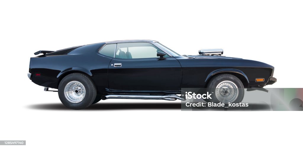Classic American muscle car Black American muscle car, side view isolated on white background Sports Car Stock Photo