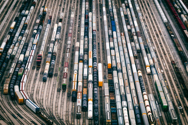Aerial view of a large rail yard located just outside of St. Louis, Missouri on the eastern side of the Missisppi River in the state of Illinois.