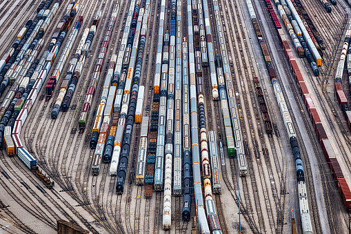 Aerial view of a large rail yard located just outside of St. Louis, Missouri on the eastern side of the Missisppi River in the state of Illinois.