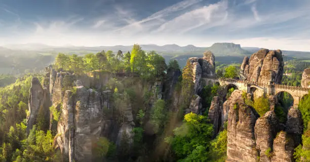 Beautiful panorama of the Bastei bridge in Saxon Switzerland Germany on a sunny day in spring with green trees and leafs