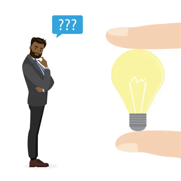 Vector illustration of Fingers holding idea bulb. African american businessman thinks over new project and needs ideas. Brainstorming and teamwork concept.