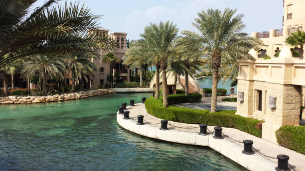 Man made waterway and recreational boating in Dubai, UAE stock photo