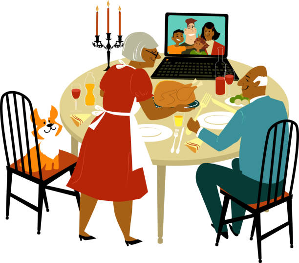 Virtual holiday dinner Elderly black couple having a holiday turkey dinner with their children and grandchildren joying them via video chat on a computer, EPS 8 vector illustration thanksgiving holiday covid stock illustrations