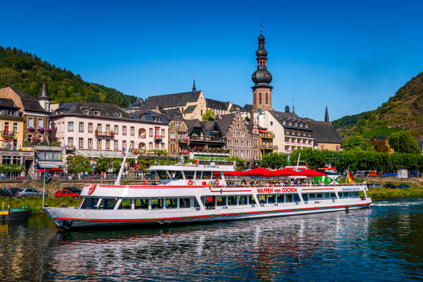 Barge at the river mosel in Germany near Bernkassel-Kues. Transportation at the river