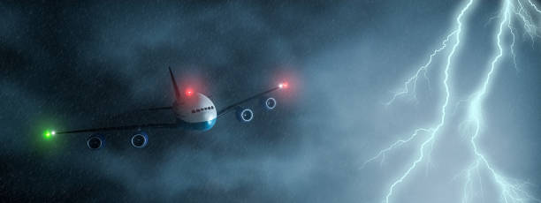 istock Commercial airplane flying through a storm or thunderstorm 3D rendering illustration. Transportation, flight, weather concepts. 1285508394