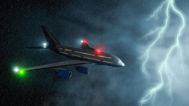 istock Commercial airplane flying through a storm or thunderstorm 3D rendering illustration. Transportation, flight, weather concepts. 1285508397