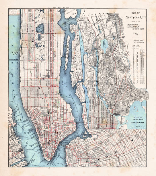 карта города нью-йорка с манхэттеном 1897 - manhattan stock illustrations