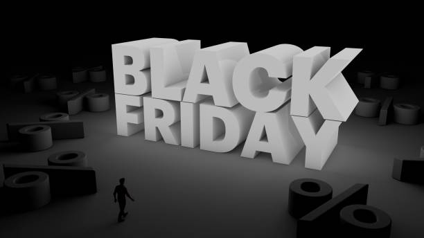 istock 3D illustration of Black Friday text with a man walking towards it 1285509576