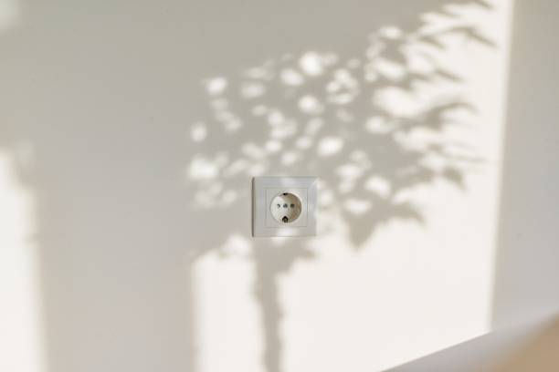 istock Pastel yellow wall in sunlight with electrical outlet and tree shadow 1285510888