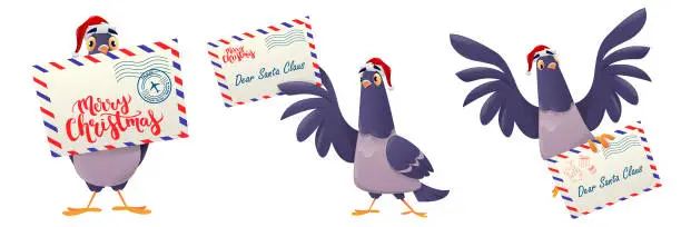 Vector illustration of Set of Christmas post pigeon. A cartoon pigeon holding a mailing envelope. Christmas pigeon brought mail to Santa Claus. Pigeon with letters Merry Christmas. Vector illustration