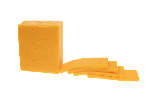 Red Leicester cheddar cheese slices - white background