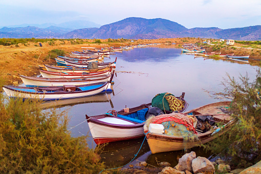 colorful old wooden boats on the bafa lake turkey