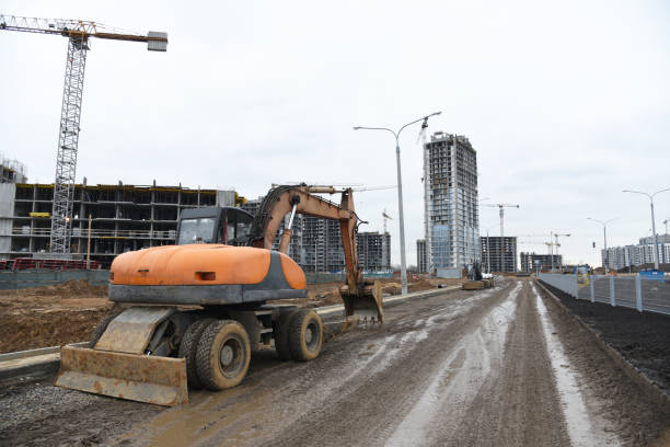 istock Bucket wheel excavator on road work at construction site 1285517180