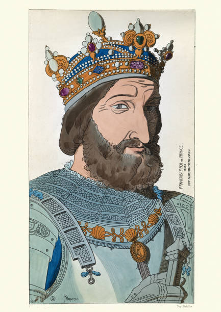 könig franz i. von frankreich, 16. jahrhundert, tragen von krone und rüstung - crown king illustration and painting engraving stock-grafiken, -clipart, -cartoons und -symbole