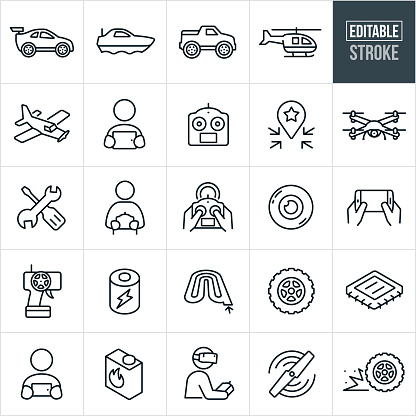 A set of RC toys icons that include editable strokes or outlines using the EPS vector file. The icons include a remote control car, remote control boat, remote control truck, remote control helicopter, remote control airplane, drone, quad copter, person using a tablet pc to control an RC toy, remote control, person holding a remote control, repair tools, camera, smartphone used as a remote control, battery, race track, RC toy wheel, computer chip, fuel, rotor and other related icons.