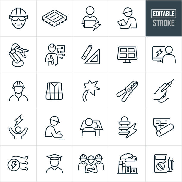 Electrical Engineering Thin Line Icons - Editable Stroke A set of electrical engineering icons that include editable strokes or outlines using the EPS vector file. The icons include an electrical engineer, computer chip, engineer at computer, electrical engineer wearing hardhat and doing an inspection, robotic arm, electrical engineer with wiring diagram, drawing square, solar panel, live electrical wire with electricity, wire strippers, multimeter, hand holding a multimeter terminal, electrical engineer using an multimeter tool, wiring diagram, electrical current, student graduate, electrical engineering team, power plant and others. electrician stock illustrations