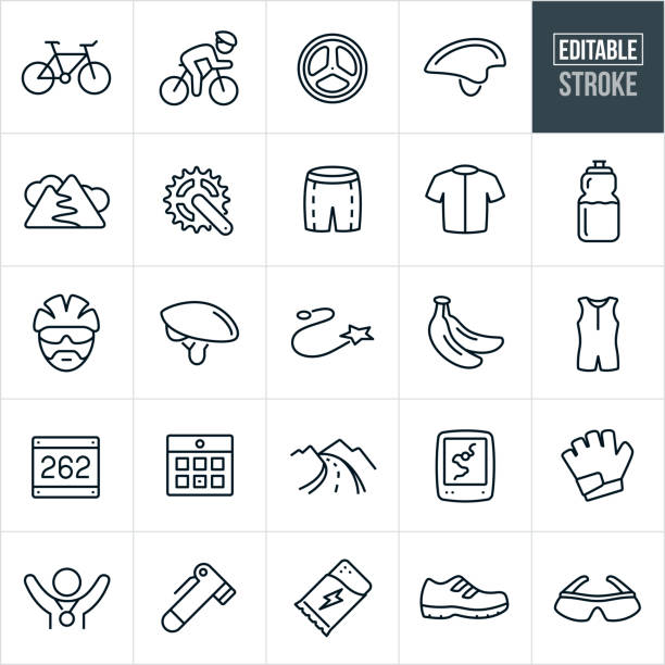 Cycling Thin Line Icons - Editable Stroke A set of cycling icons that include editable strokes or outlines using the EPS vector file. The icons include a road bike, cyclist riding a bike, bicycle wheel, cycling helmet, road, mountain road, cycling cloths, bike jersey, water bottle, cyclist wearing helmet, bike helmet, race course, bananas, race bib, calendar, cycling event, GPS, cycling equipment, cycling glove, cyclist with medal, bike tire pump, energy bar, cycling shoe and sunglasses among others. bicycle symbols stock illustrations