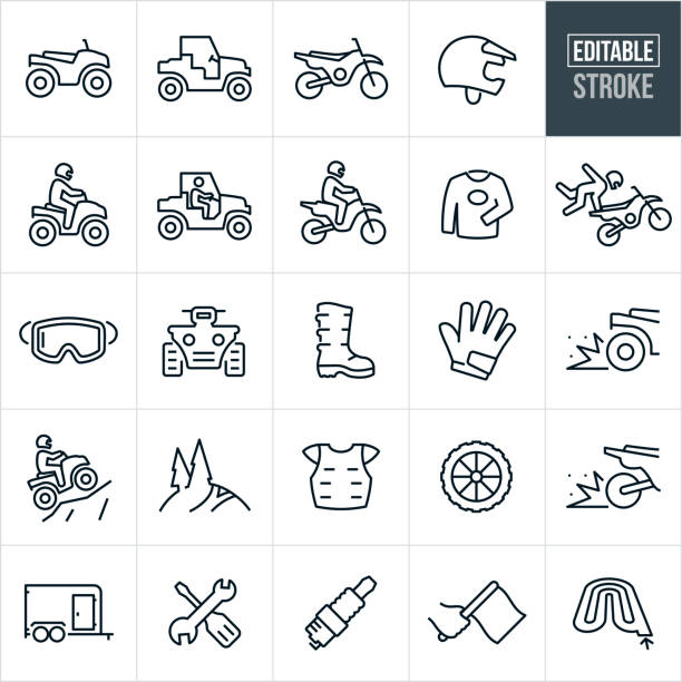 ilustraciones, imágenes clip art, dibujos animados e iconos de stock de iconos de línea delgada de atv y dirt bike - trazo editable - helmet crash helmet motorized sport auto racing