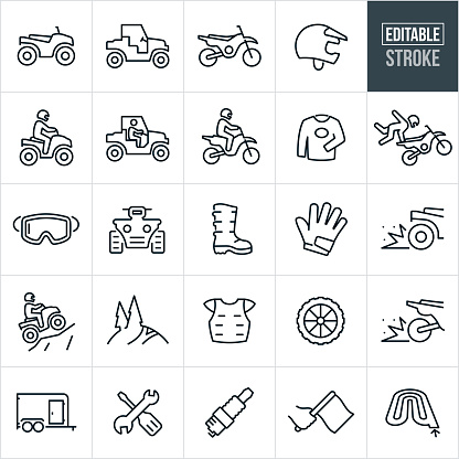 A set of ATV and dirt bike icons that include editable strokes or outlines using the EPS vector file. The icons include an ATV, UTV, dirt bike, helmet, dirt bike helmet, person riding an ATV, person riding a UTV, person riding a dirt-bike, motocross, race jersey, person doing a trick on a dirt bike, goggles, four-wheeler, riding boot, gloves, pill out, four wheeler climbing hill, dirt bike trail, protective equipment, chest protector, dirt bike wheel, enclosed trailer, tools, spark plug, race flag and a motocross track to name a few.