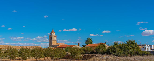 Panoramic view over the Village Mahora with the church, La Mancha, Spain