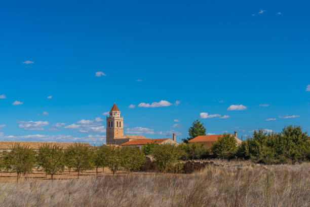 Panoramic view over the Village Mahora with the church, La Mancha, Spain
