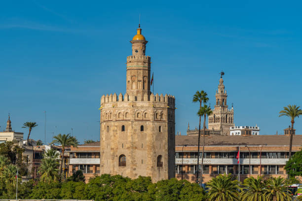 torre del oro, sewilla, hiszpania. wojskowa strażnica nad rzeką gwadalkiwir - seville torre del oro sevilla spain zdjęcia i obrazy z banku zdjęć