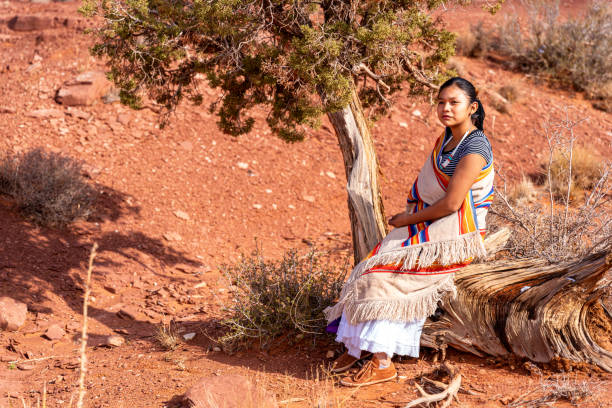 ein junger indianer, navajo mädchen in ihrem schönen traditionellen kleid gekleidet, sitzen deiner alten stumpf neben einem gestrüpp eiche baum - aboriginal art aborigine rock stock-fotos und bilder