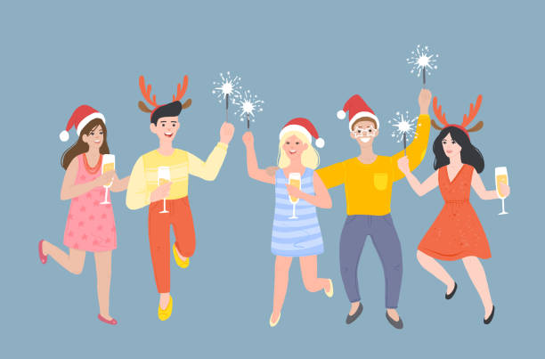 New Year Holidays and Christmas Party Flat Illustration New Year Holidays and Christmas Party flat illustration. christmas family party stock illustrations