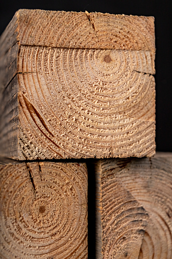 Wood grain visible in cross section. Wood in a carpentry workshop. Dark background.