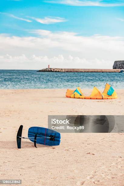 Kitesurf Foil As The New Version Of Kiteboarding At Praia Do Martinhal Sagres Portugal Stock Photo - Download Image Now