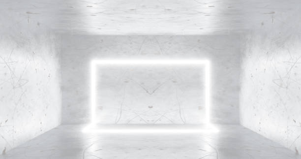 istock 3d rendering. Neon rectangle or square, white in a bright room from mrmor. Glossy shading on the walls. 1285533429