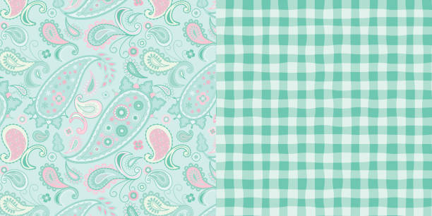 pattern_set_seamless_floral_paisley_gingham_patterns_pink_mint_green_background - paisley pattern seamless green stock illustrations