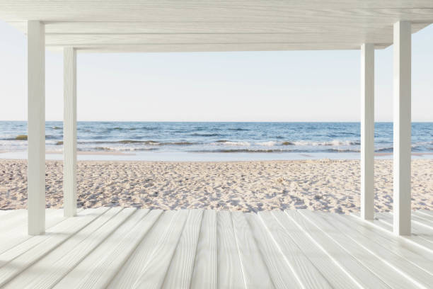 empty white wooden planks porch on a beautiful beach with empty blank copy space to add your content