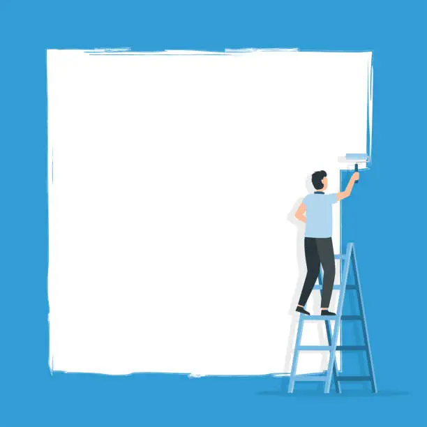 Vector illustration of Worker on ladder paints a wall. Space for text.