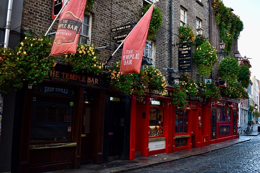 Dublin / Ireland - October 2019 : Famous The Temple Bar closed early in the morning