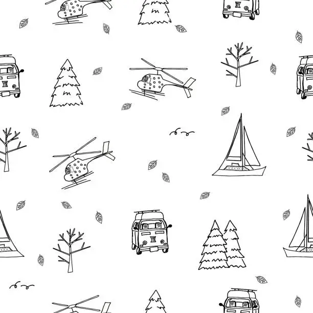 Vector illustration of Repeat seamless pattern of helicopter, yacht, travel bus, trees, christmas trees, leaves on white background for coloring book